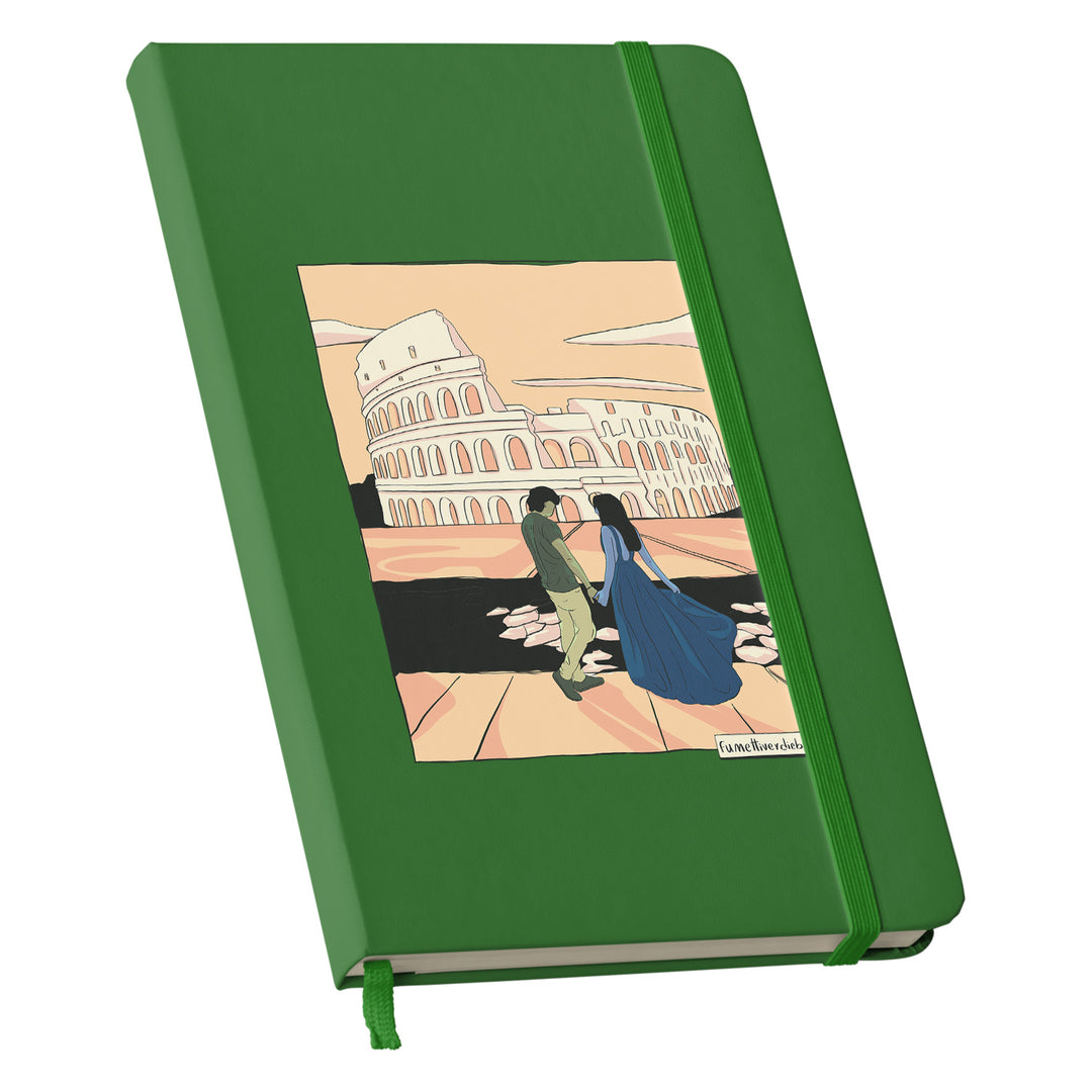 Taccuino Roma dell'album Taccuini Verdi e Blu di Fumettiverdieblu: copertina soft touch in 8 colori, con chiusura e segnalibro coordinati