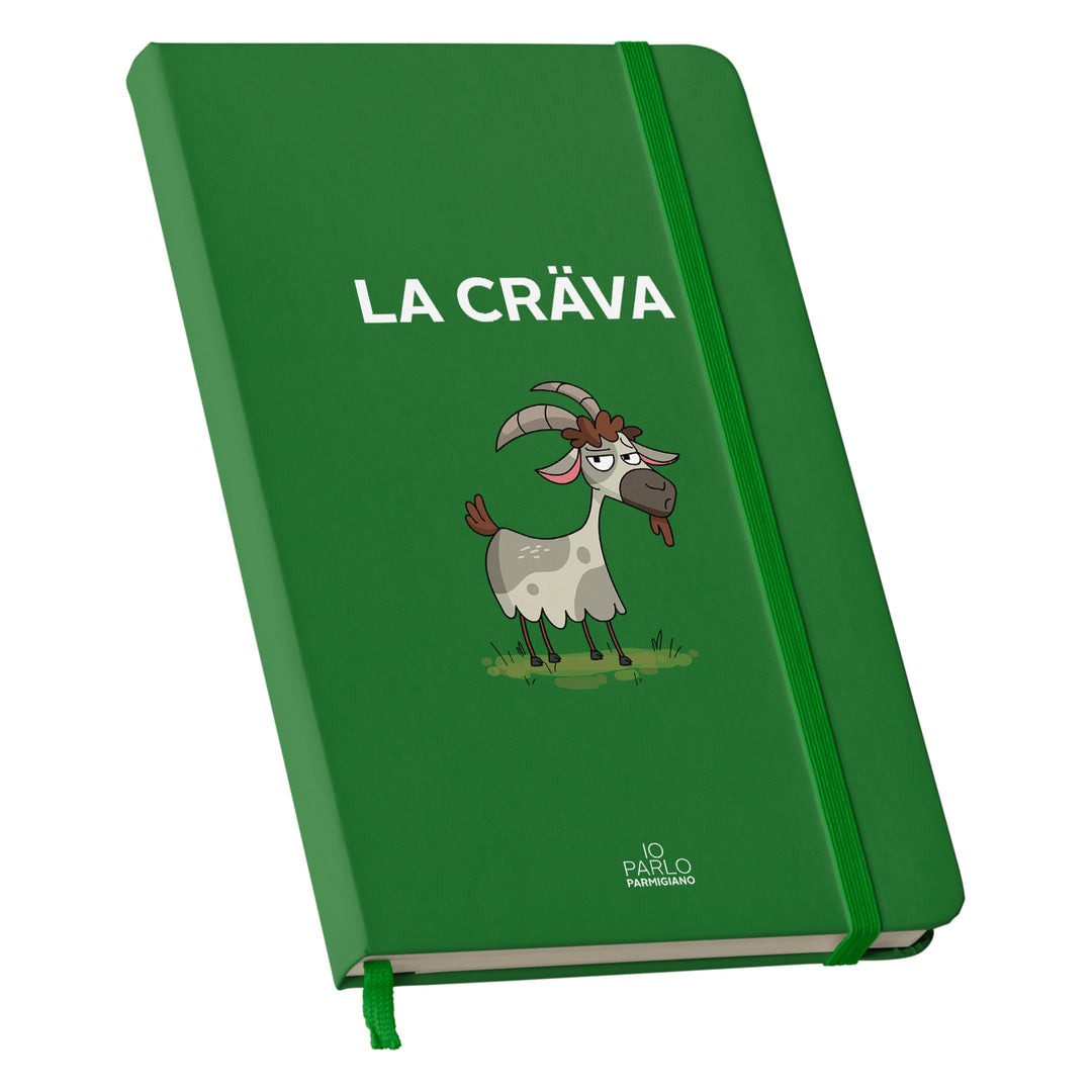 Taccuino LA CRÄVA dell'album LÌNNEA BÉSTJI di Io parlo parmigiano: copertina soft touch in 8 colori, con chiusura e segnalibro coordinati