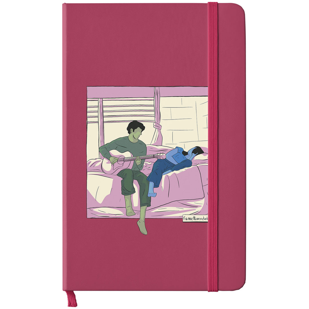 Taccuino Serenata dell'album Taccuini Verdi e Blu di Fumettiverdieblu: copertina soft touch in 8 colori, con chiusura e segnalibro coordinati