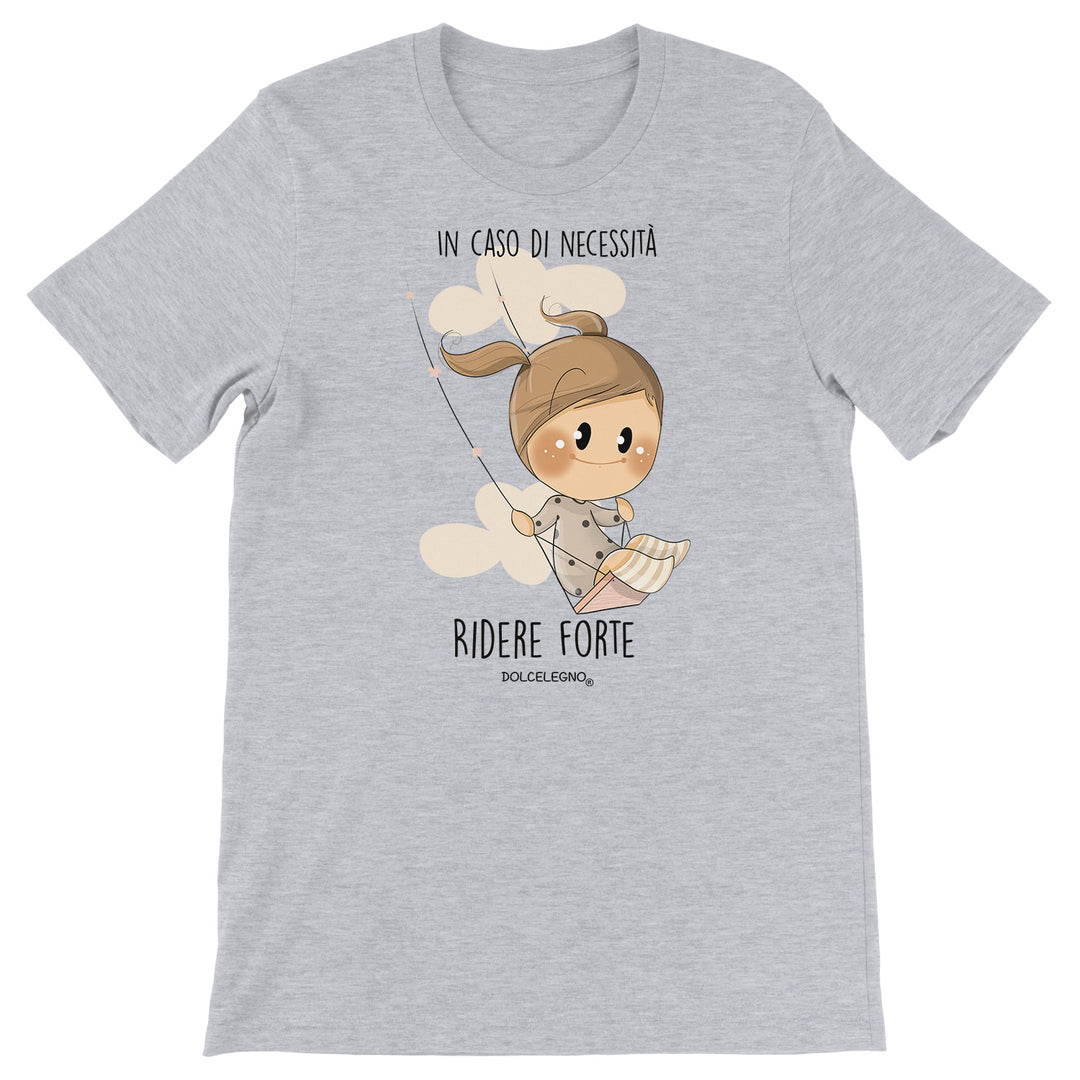 Maglietta Ridere forte dell'album L'amore è nell'aria di DOLCELEGNO, T-Shirt uomo donna e bambino a maniche corte in cotone con girocollo