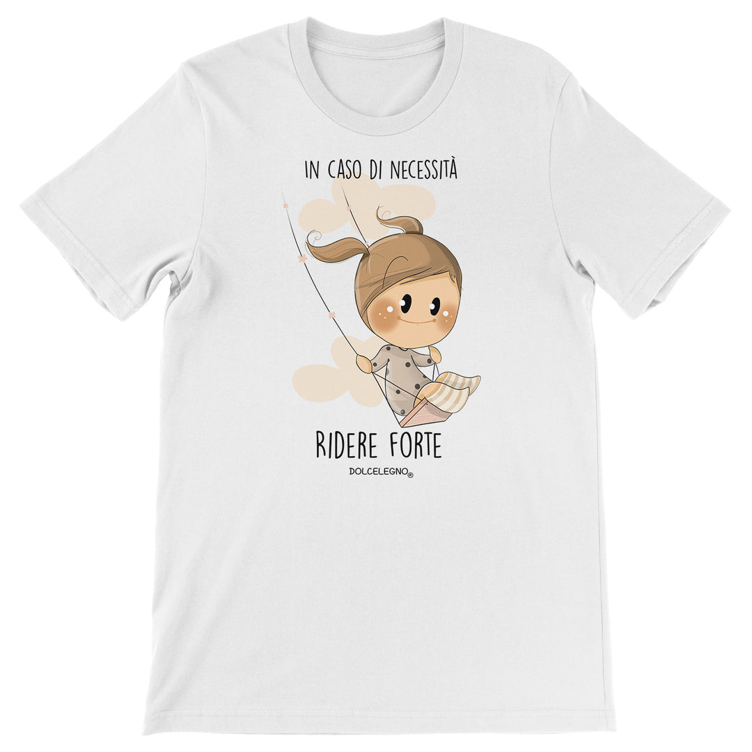 Maglietta Ridere forte dell'album L'amore è nell'aria di DOLCELEGNO, T-Shirt uomo donna e bambino a maniche corte in cotone con girocollo