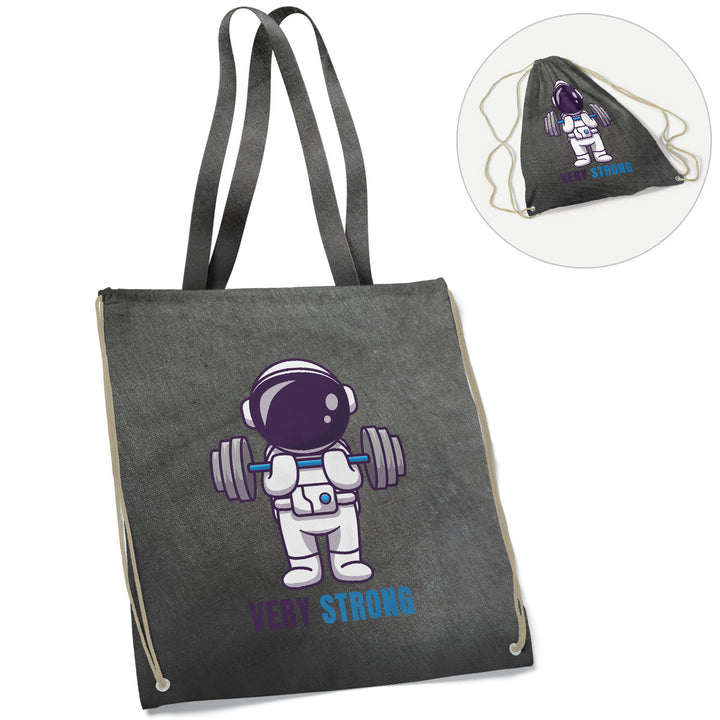 Shopper a zainetto Astronauta dell'album Very strong di Ideandoo in cotone riciclato, utile e pratico in 5 colori diversi