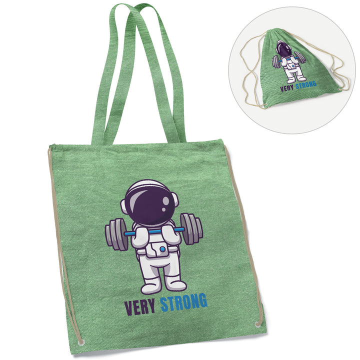 Shopper a zainetto Astronauta dell'album Very strong di Ideandoo in cotone riciclato, utile e pratico in 5 colori diversi